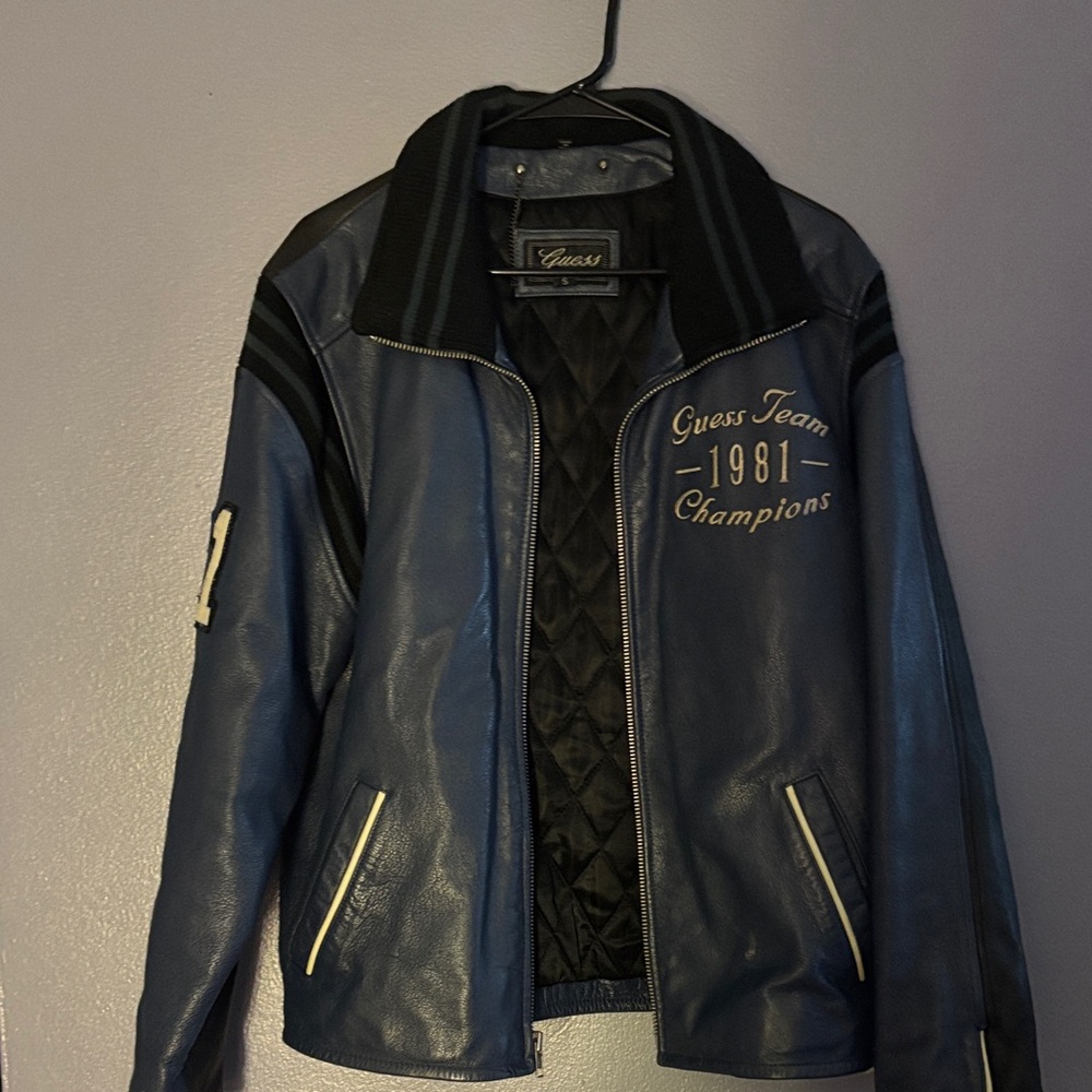 Guess Blue Leather Jacket with Embroidery